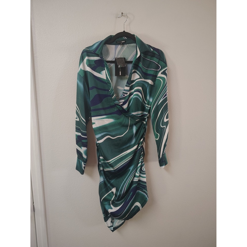 Fashion Nova Green Marble Swirl Print Ruched Mini Dress Long Sleeve Wrap